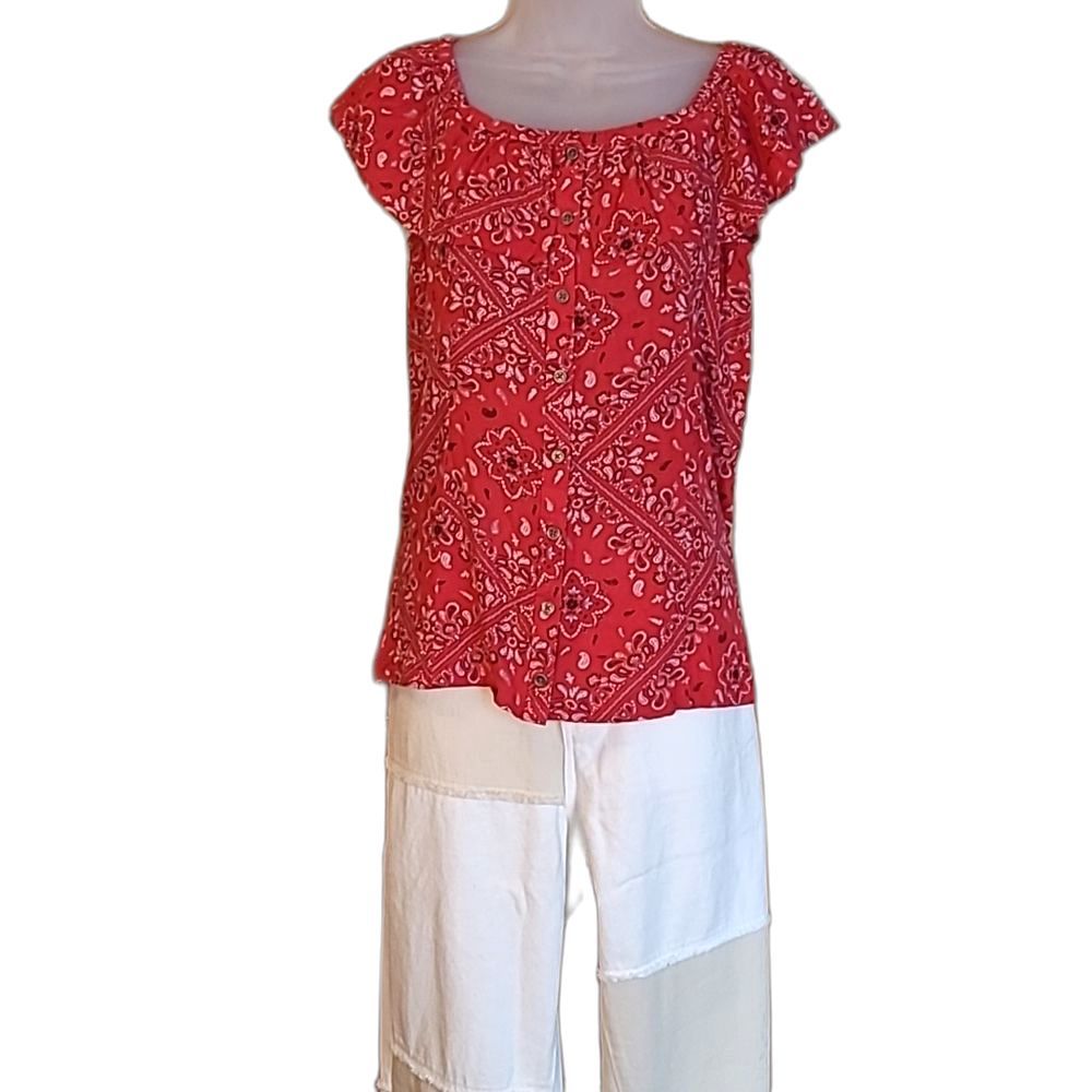 Mudd Paisley Pattern Top Ruffle Cap Sleeve Off, On, One Shoulder Bandana Shirt